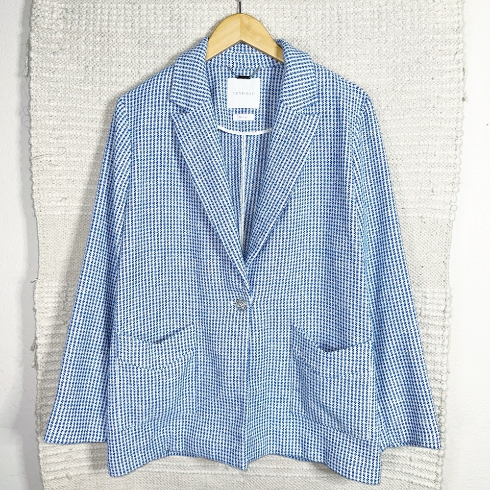 RICH & ROYAL blue and white tweed blazer jacket 42